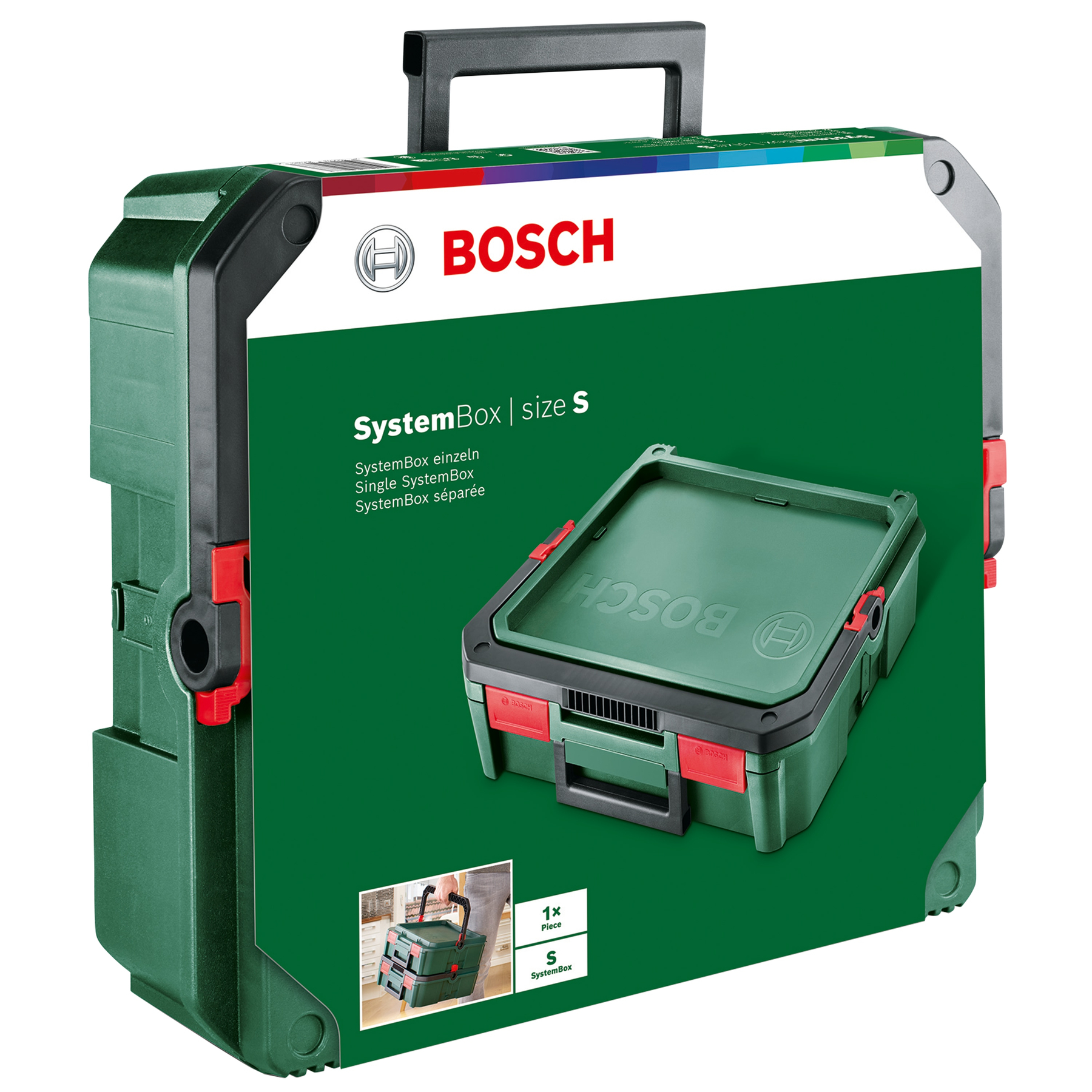 Bosch SystemBox verde taglia S con chiusure rosse e maniglia nera. Logo Bosch.