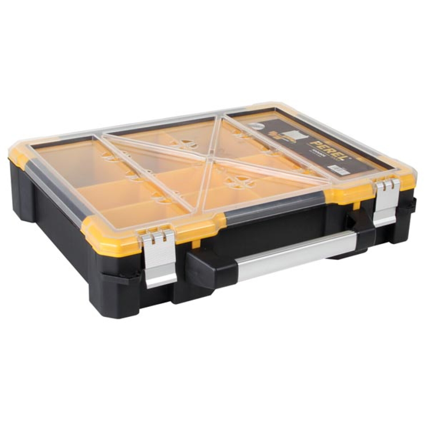 Scatola organizer nera con scomparti gialli e coperchio trasparente.