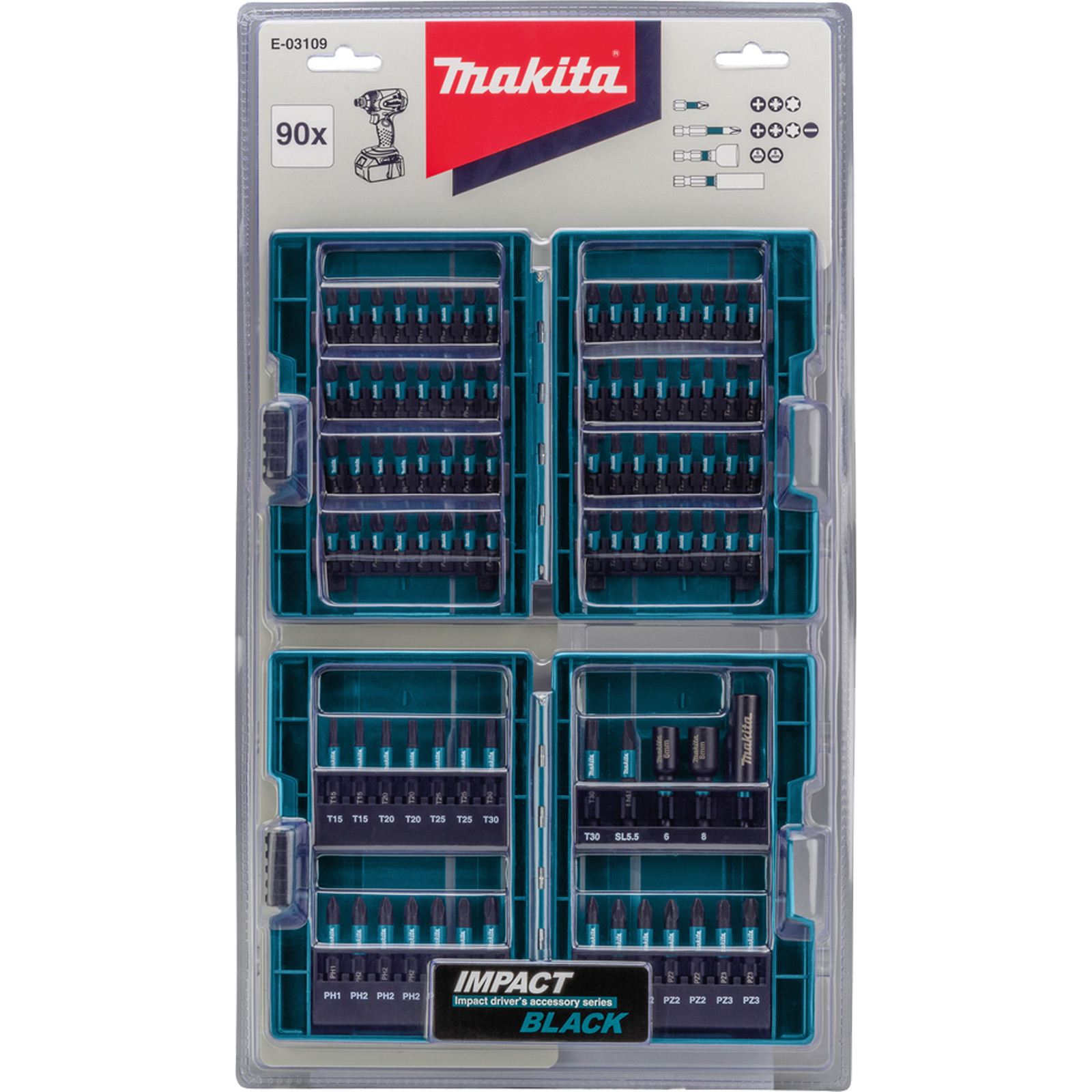 Makita 90-teiliges Bit-Set in einem blauen Koffer mit verschiedenen Bits.
