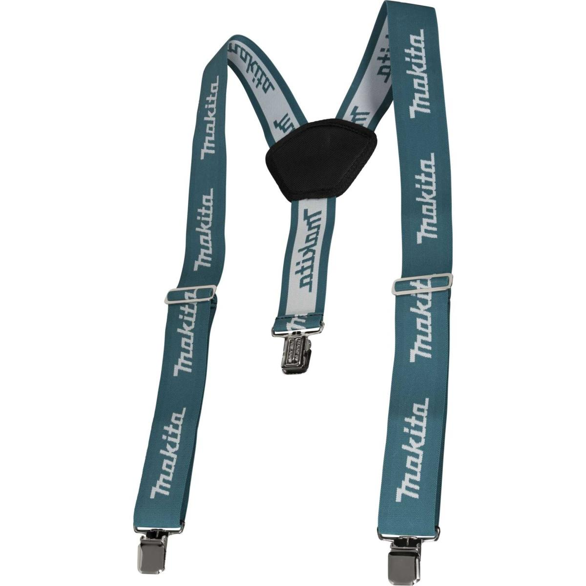 Bretelle turchesi con logo Makita bianco e clip metalliche.