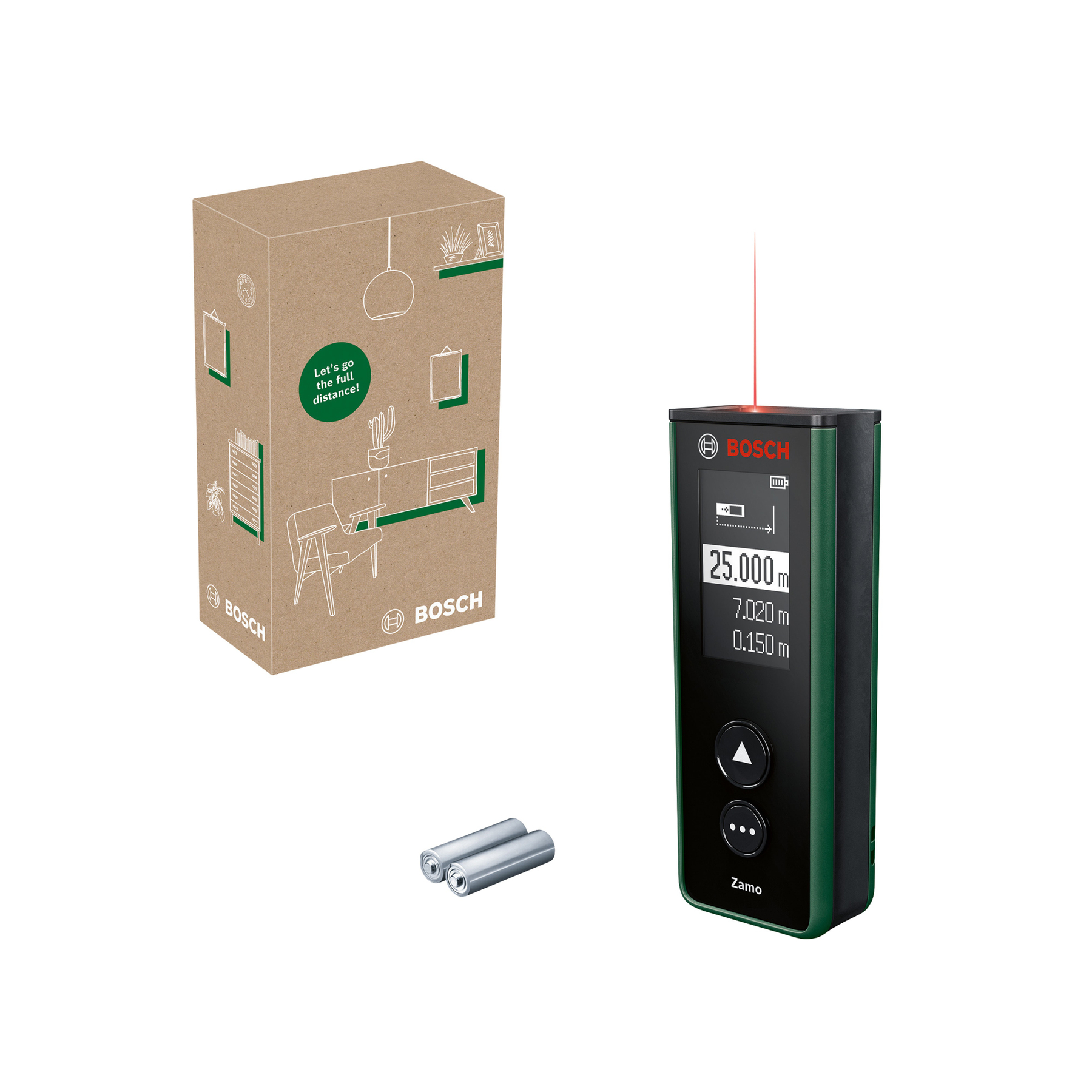 Ein grünes Bosch-Messgerät mit rotem Laser, zwei Batterien und einer Verpackung.