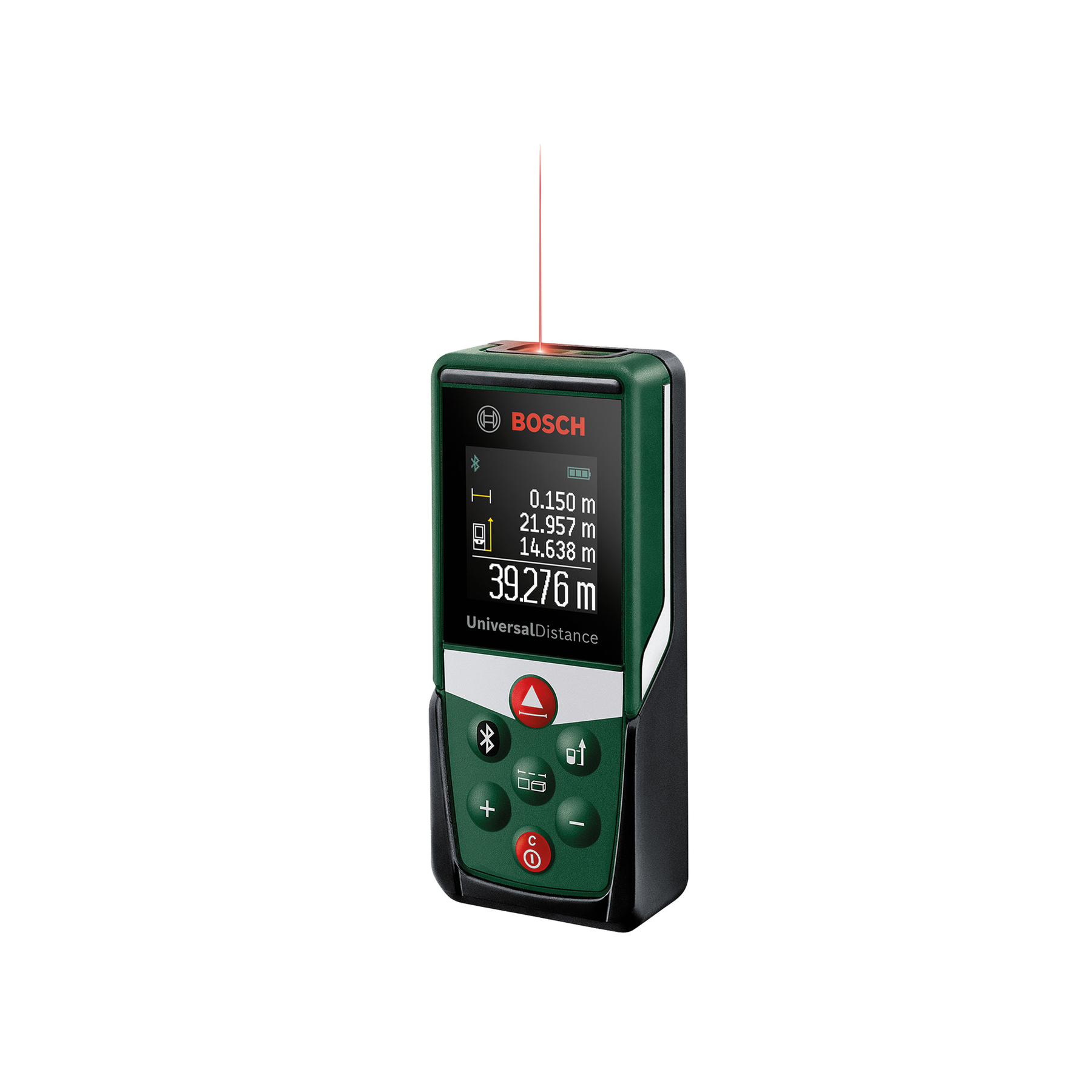 Ein grüner Bosch Laser-Entfernungsmesser mit rotem Laserstrahl und Display.