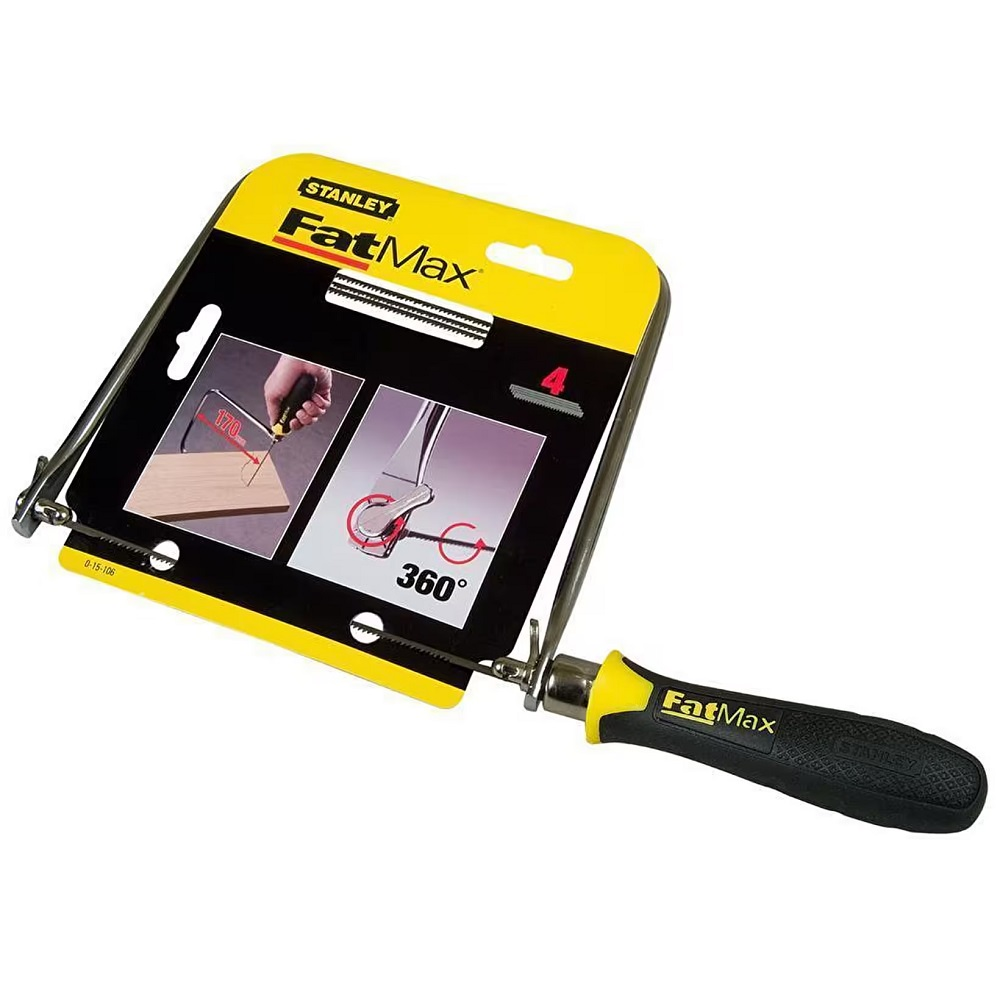 Stanley FatMax dekupaj testeresi, sarı saplı ve metal çerçeveli, ambalajlı.