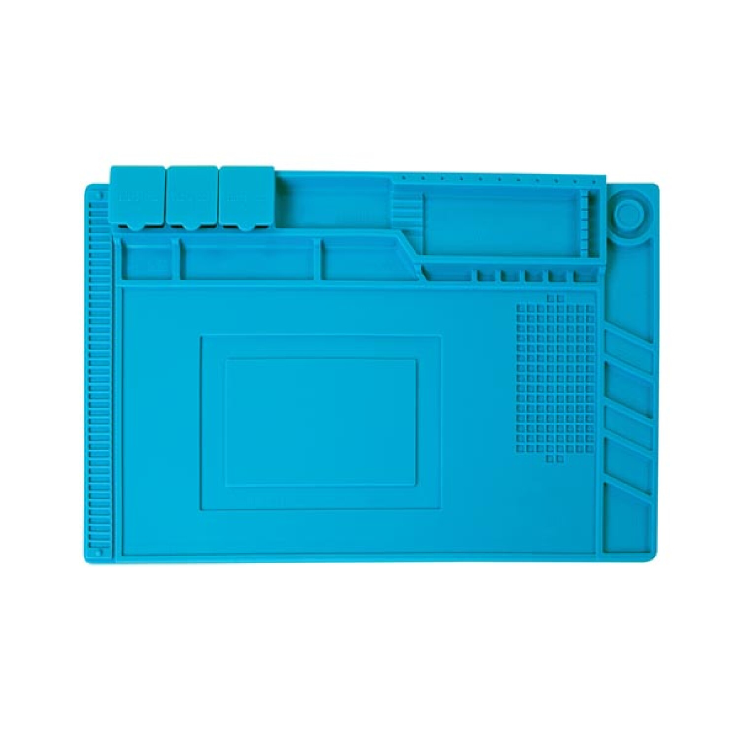 Un tappetino di manutenzione blu con scomparti per attrezzi e viti.