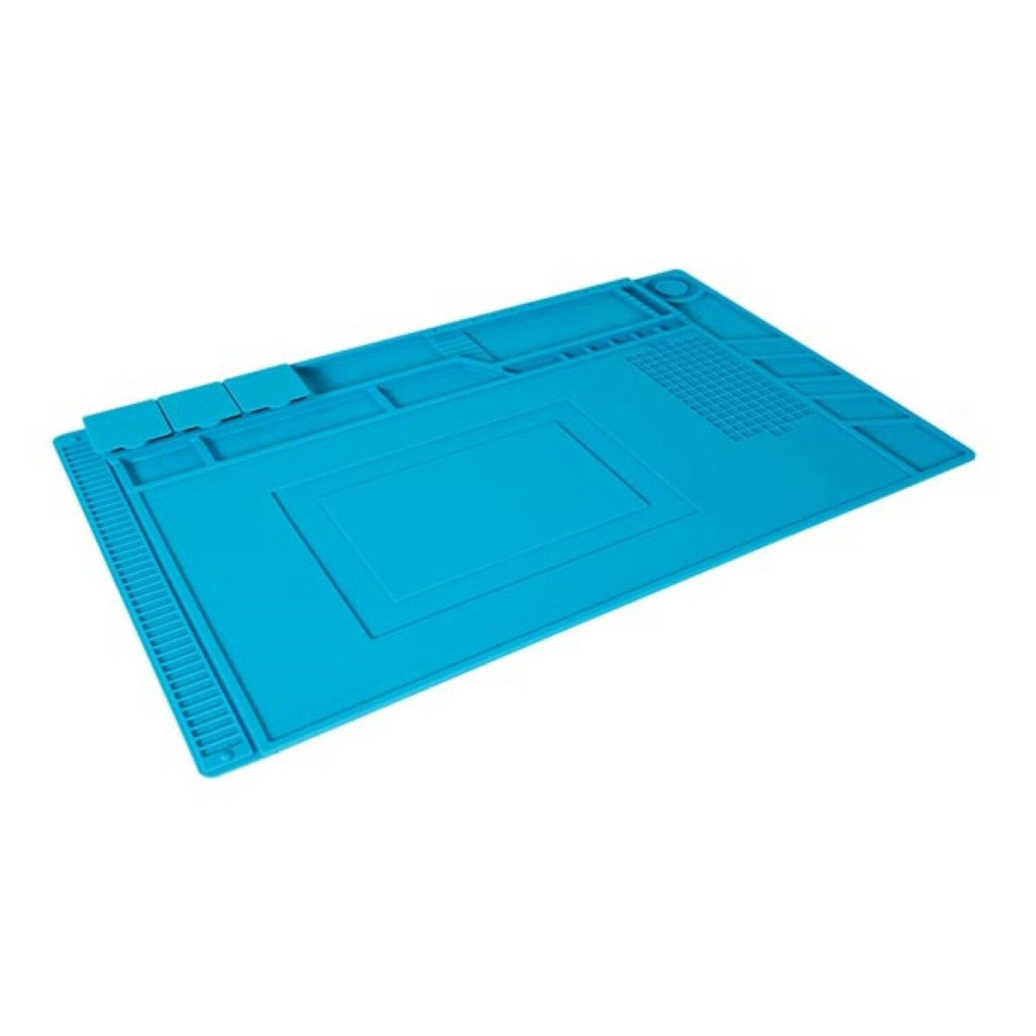 Un tappetino da lavoro in silicone blu brillante con scomparti per attrezzi e piccole parti.