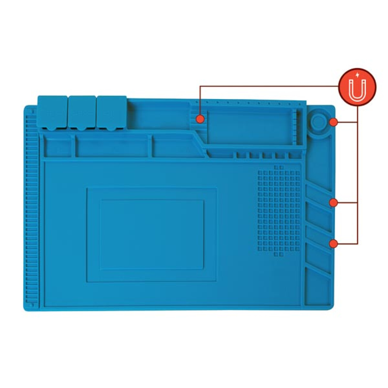Un tappetino blu con scomparti e un simbolo di magnete.