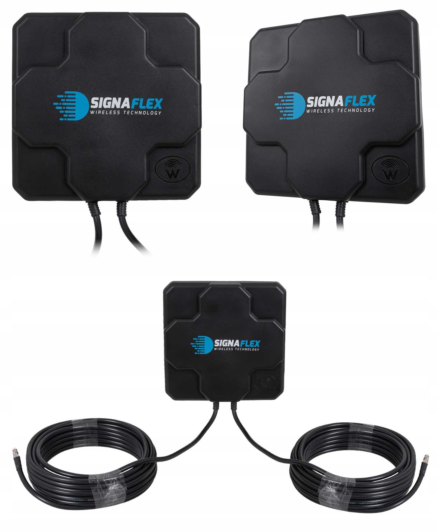 Trzy czarne anteny z logo SignaFlex na białym tle.