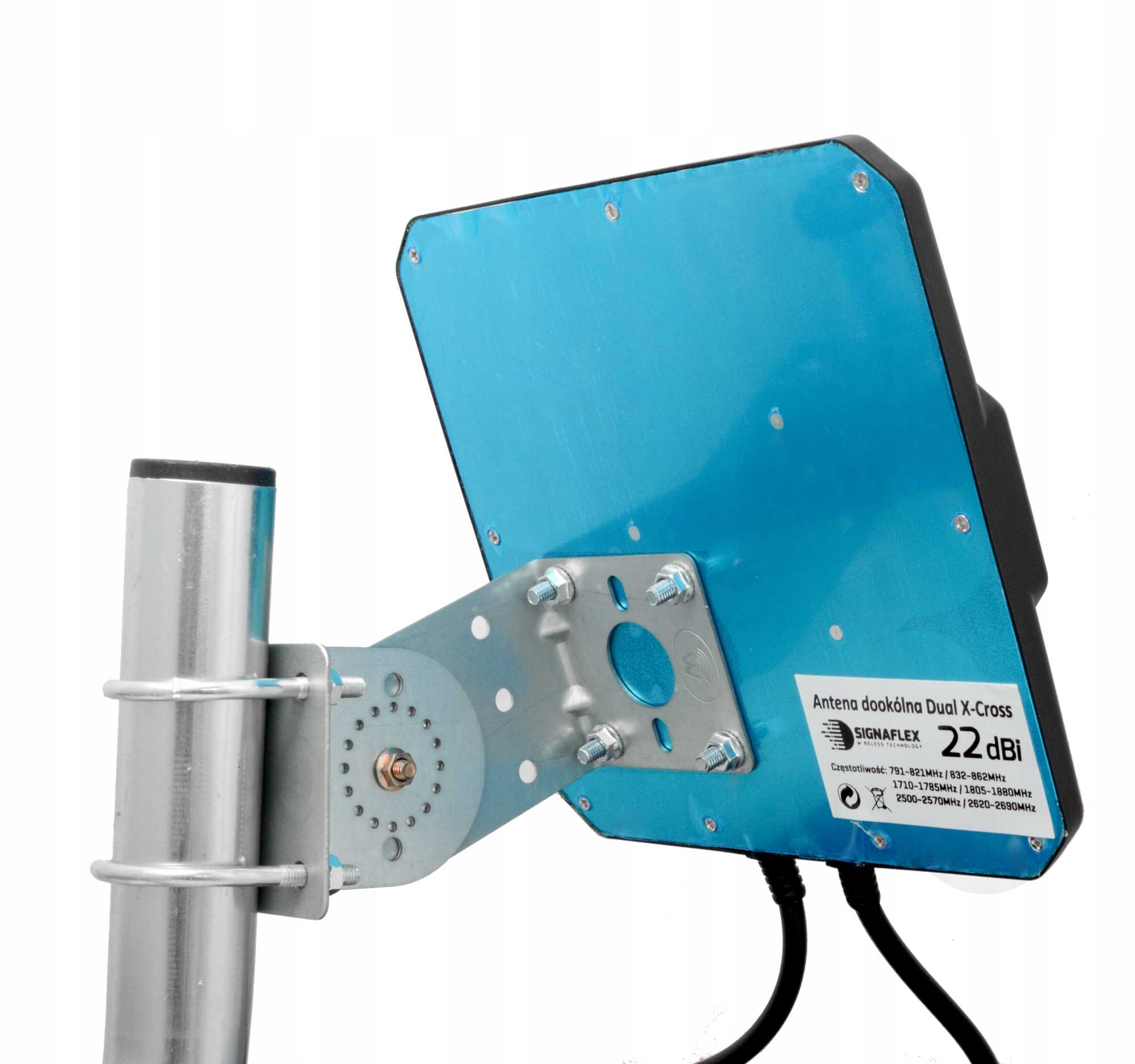 Niebieska antena z czarną krawędzią, zamontowana na metalowym maszcie z uchwytem.