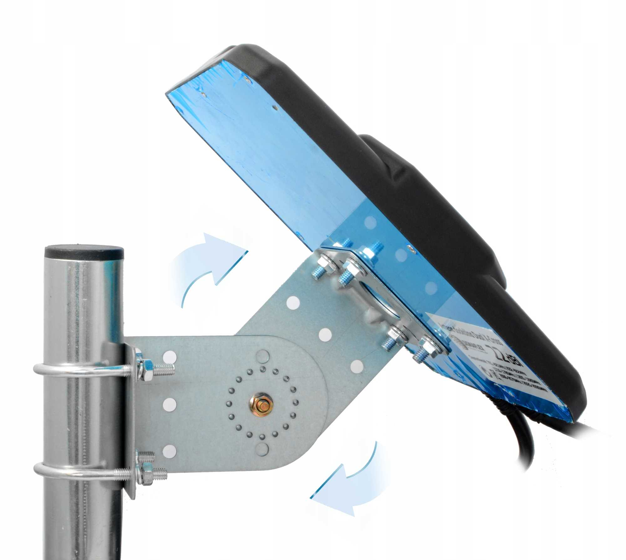 Antena z mocowaniem na metalowym słupku, z niebieskimi strzałkami wskazującymi ruch.