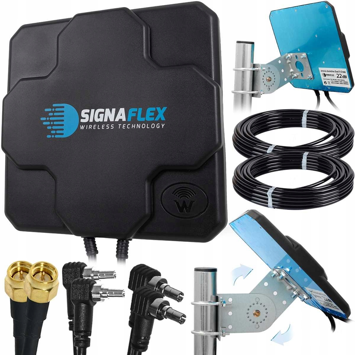 Antena Signaflex z kablami, złączami i wspornikiem montażowym.