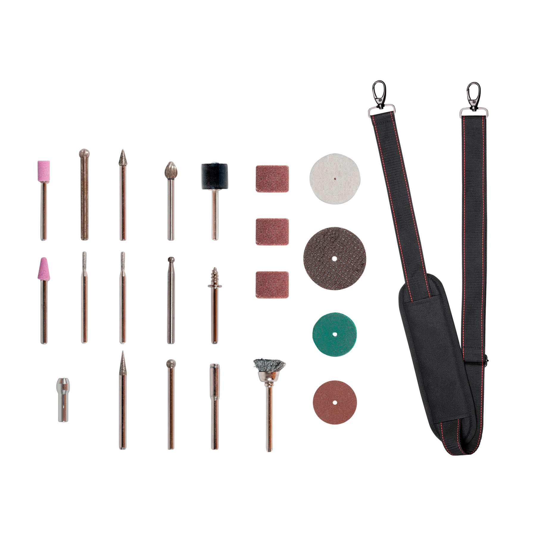 Ensemble d'outils avec mèches de ponçage, disques de coupe et sangle.