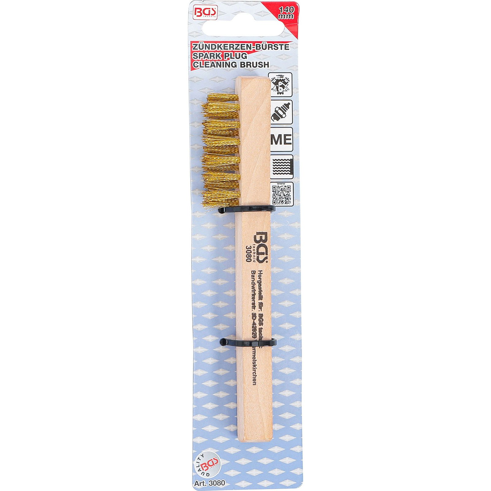 BGS Spark Plug Cleaning Brush, 140 mm, with wooden handle and brass bristles.