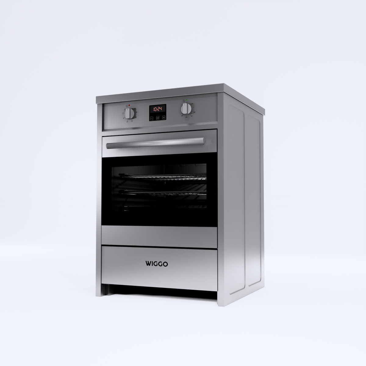A silver oven with a glass door, digital display, and drawer.