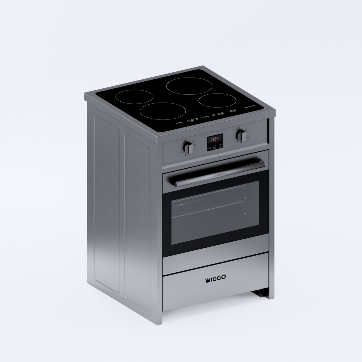 Silver stove with black ceramic hob, oven door, and drawer.