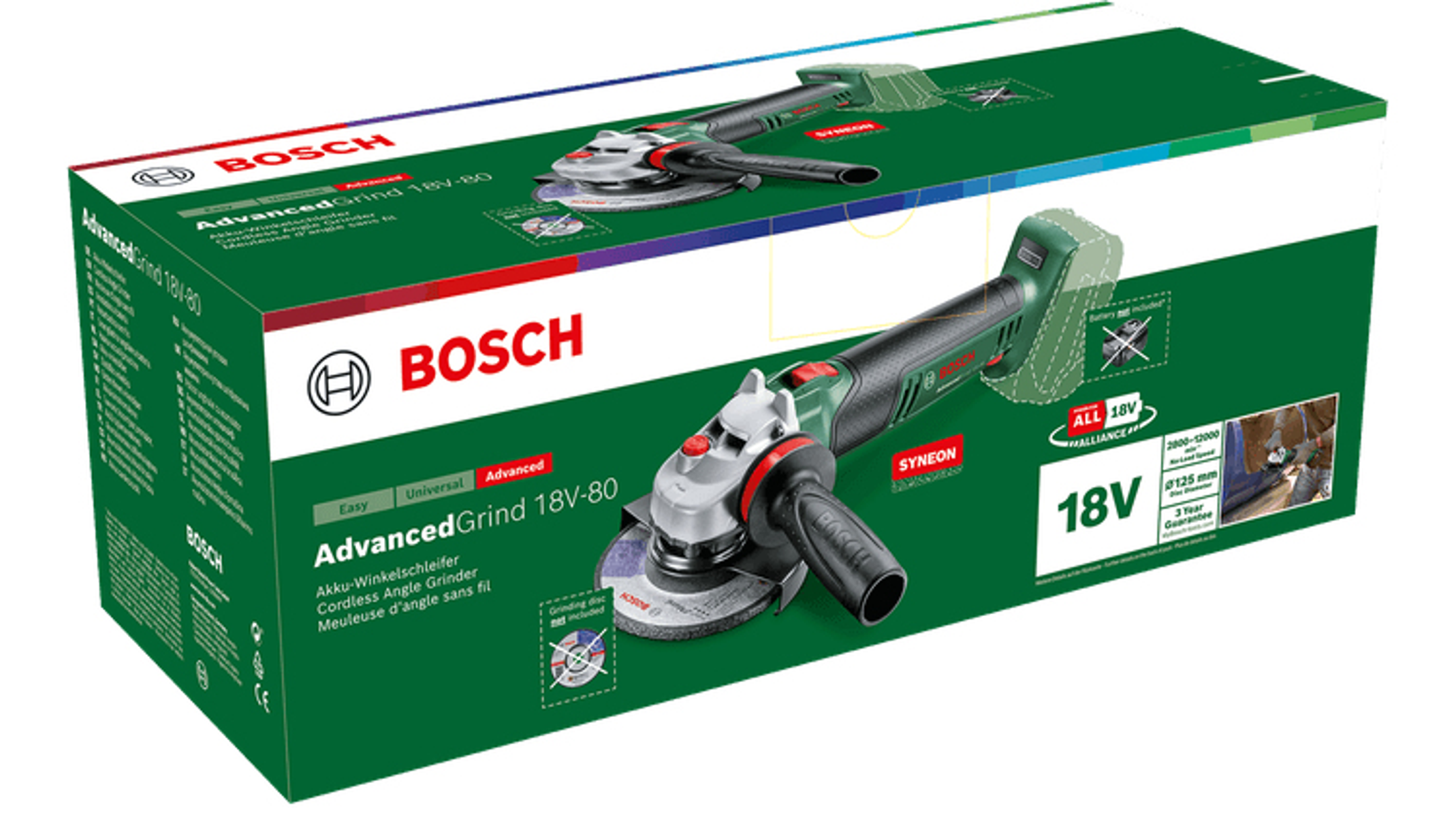 Verpackung für Bosch AdvancedGrind 18V-80 Winkelschleifer mit Werkzeugabbildung.