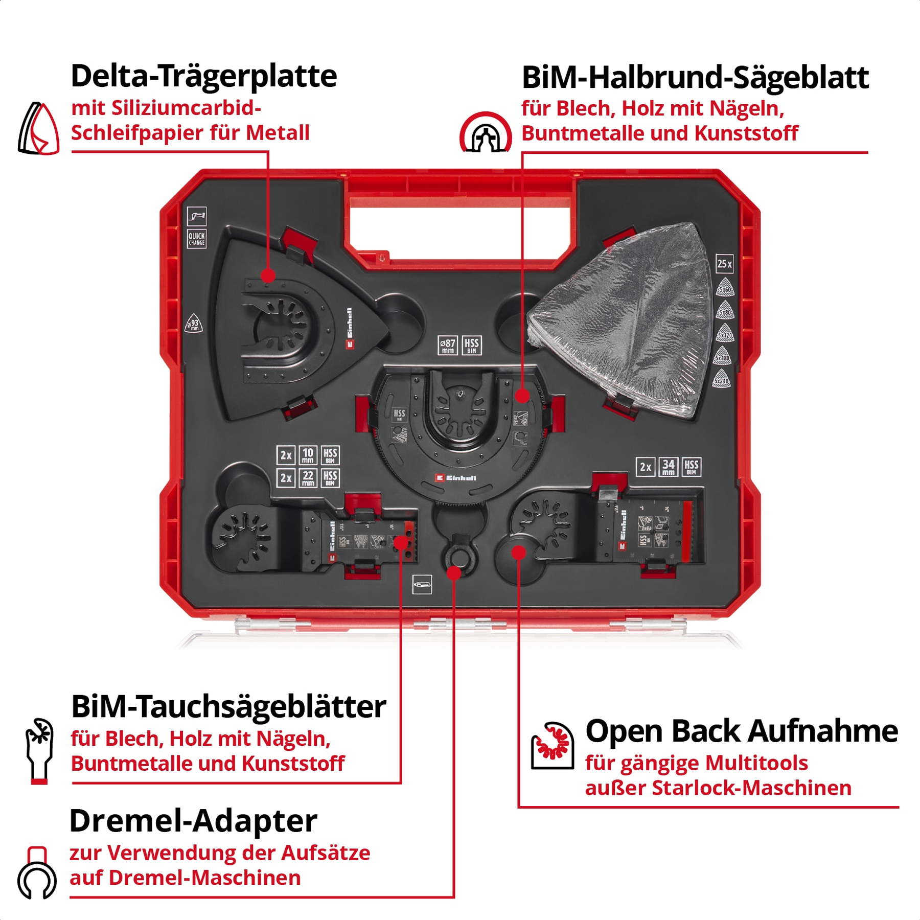 Ein roter Koffer mit Werkzeugaufsätzen, darunter Sägeblätter und Schleifpapier.