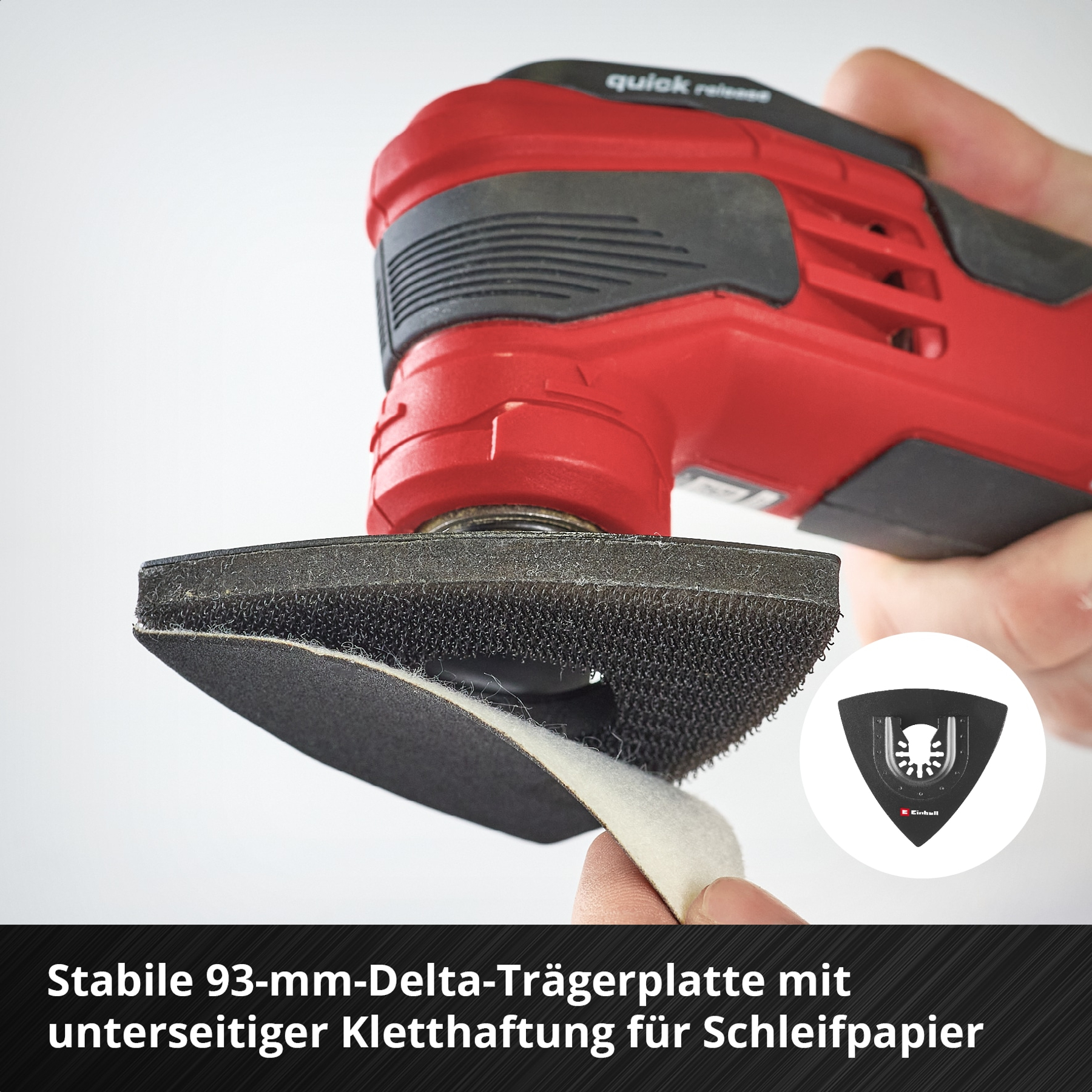 Rote Schleifmaschine mit dreieckiger Schleifplatte und Klettverschluss.