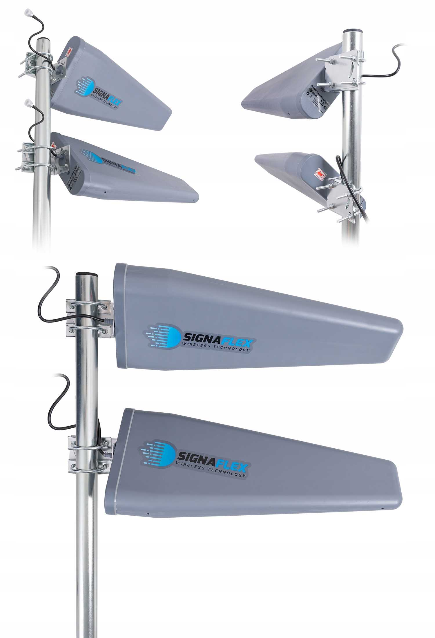 Dwie szare anteny z logo SIGNA FLEX zamontowane na metalowym słupie.