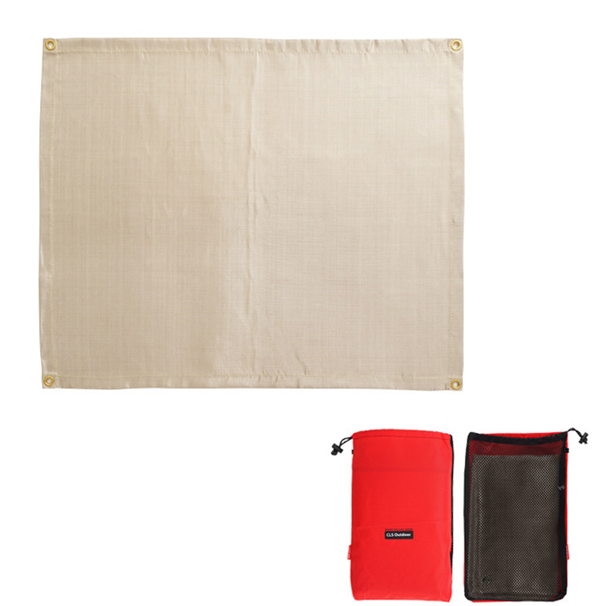 Beige Feuerstelle Matte mit zwei roten und schwarzen Taschen auf weißem Hintergrund.