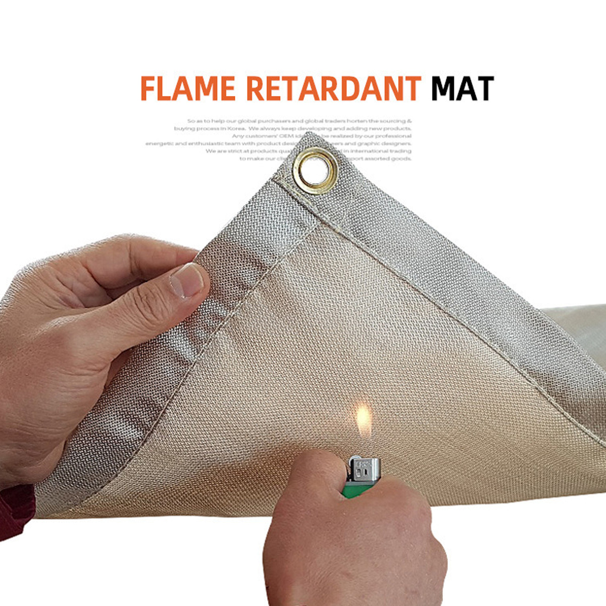 Eine Flamme wird an einem flammhemmenden Mattenmaterial entzündet.