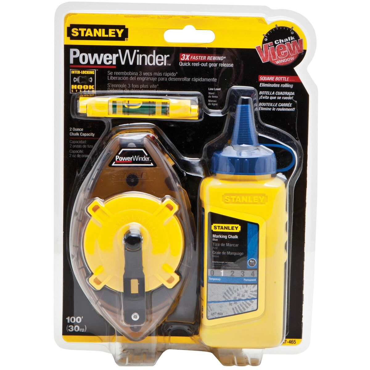 Stanley PowerWinder Kreide-Set mit Schnurroller, Wasserwaage und blauer Kreideflasche.