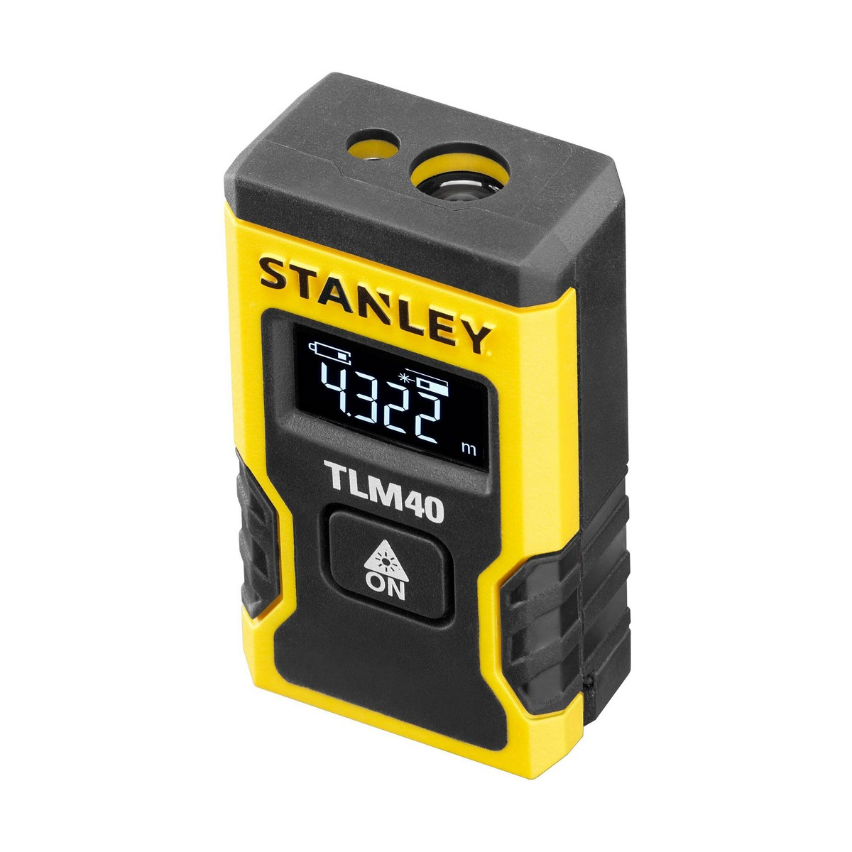 Ein gelb-schwarzer Stanley TLM40 Laser-Entfernungsmesser mit digitaler Anzeige.
