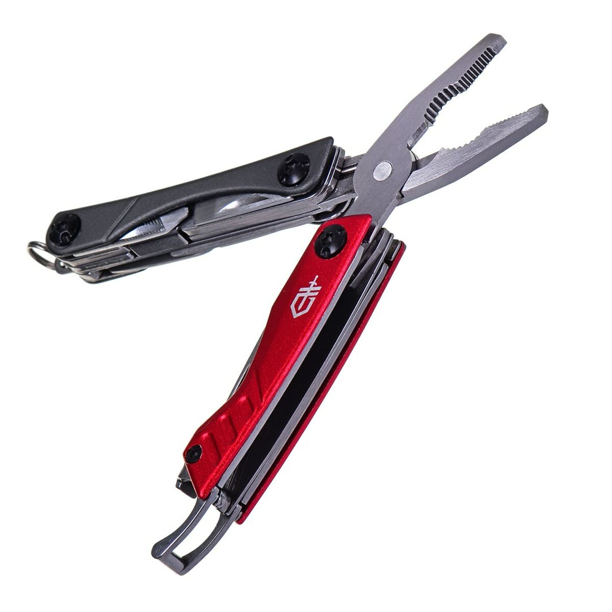 Ein rotes und ein graues Multitool liegen nebeneinander, Zange geöffnet.