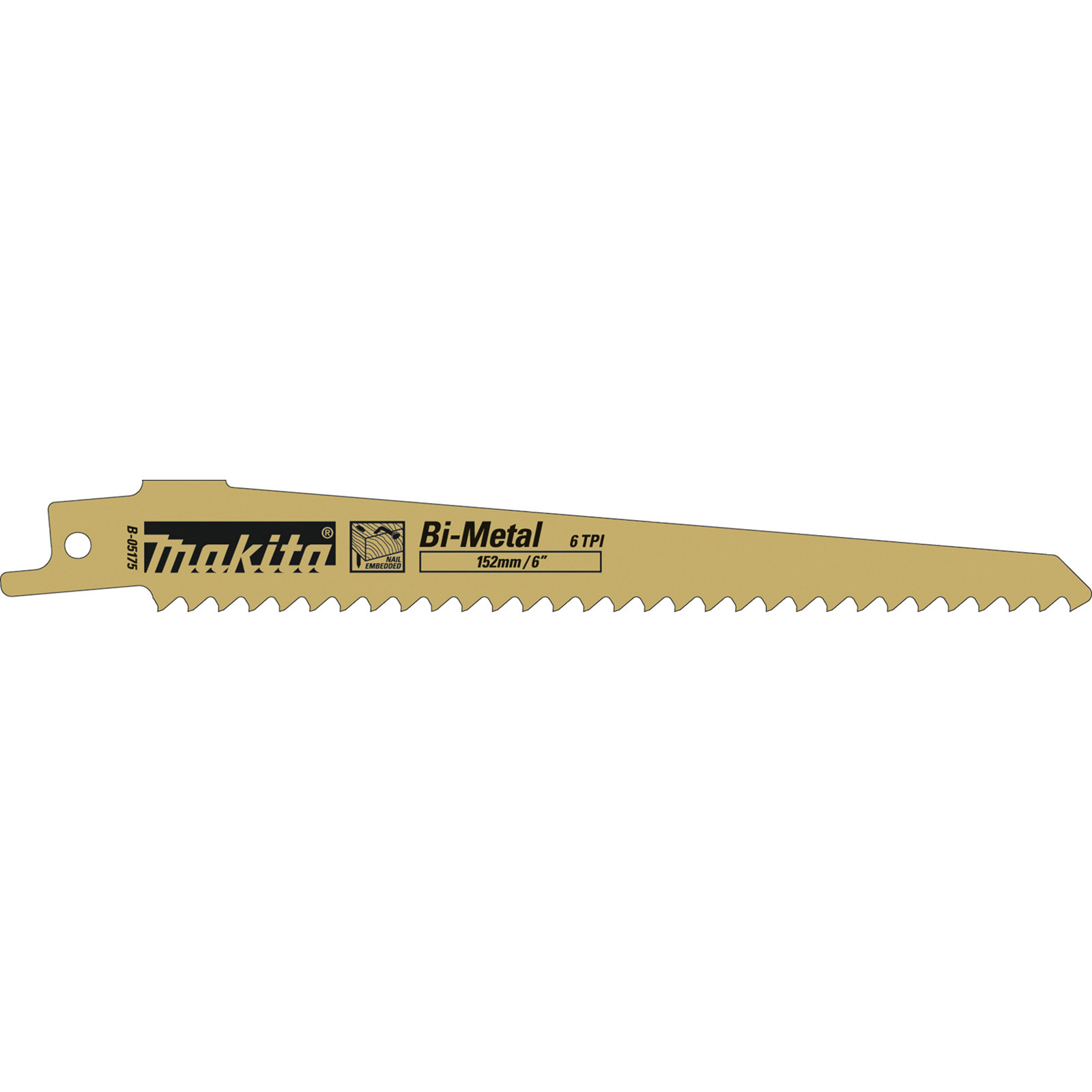 Ein goldenes Sägeblatt mit Zähnen. Marke Makita, Bi-Metall, 152mm/6", 6 TPI.
