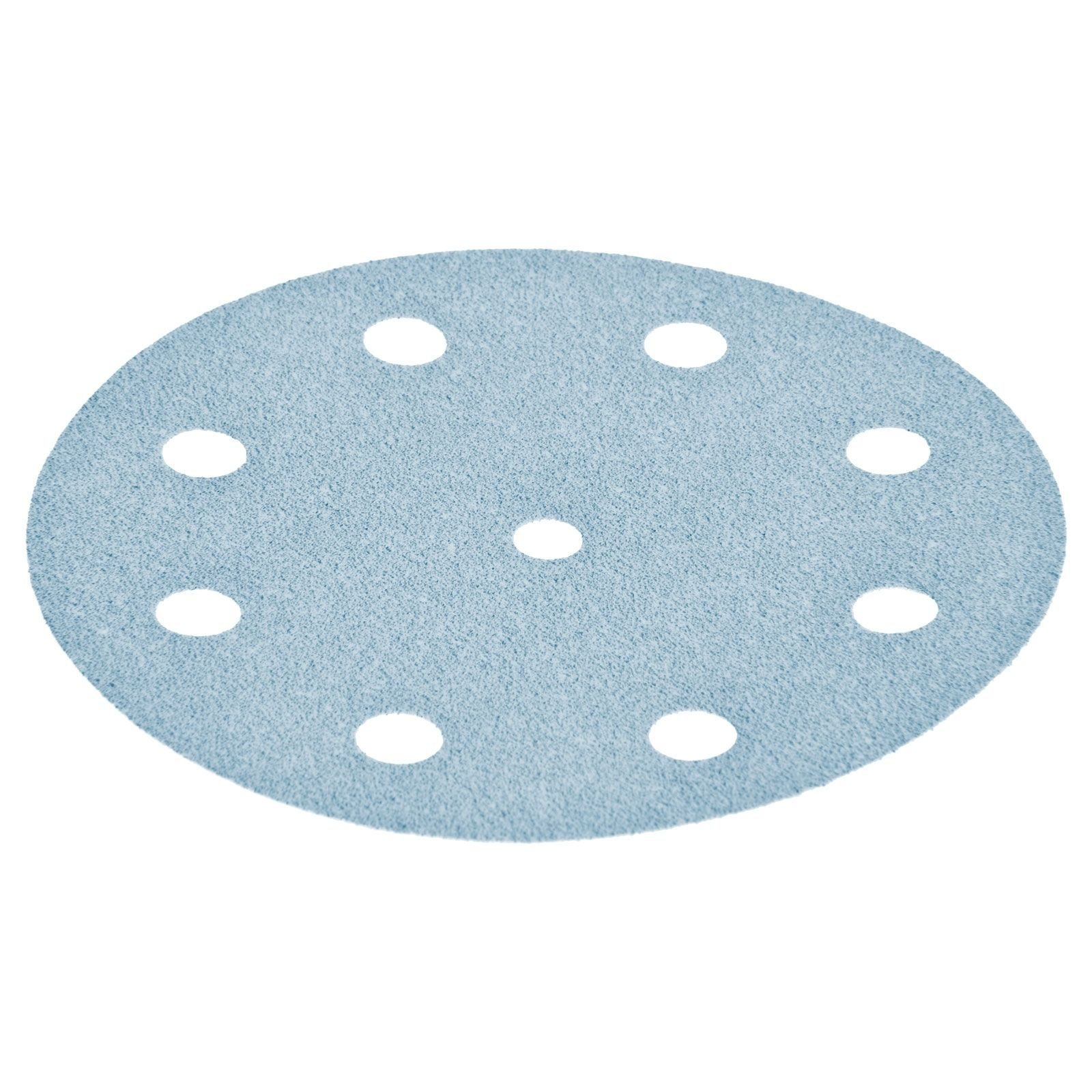 Un disco abrasivo azzurro con nove fori bianchi su sfondo bianco.