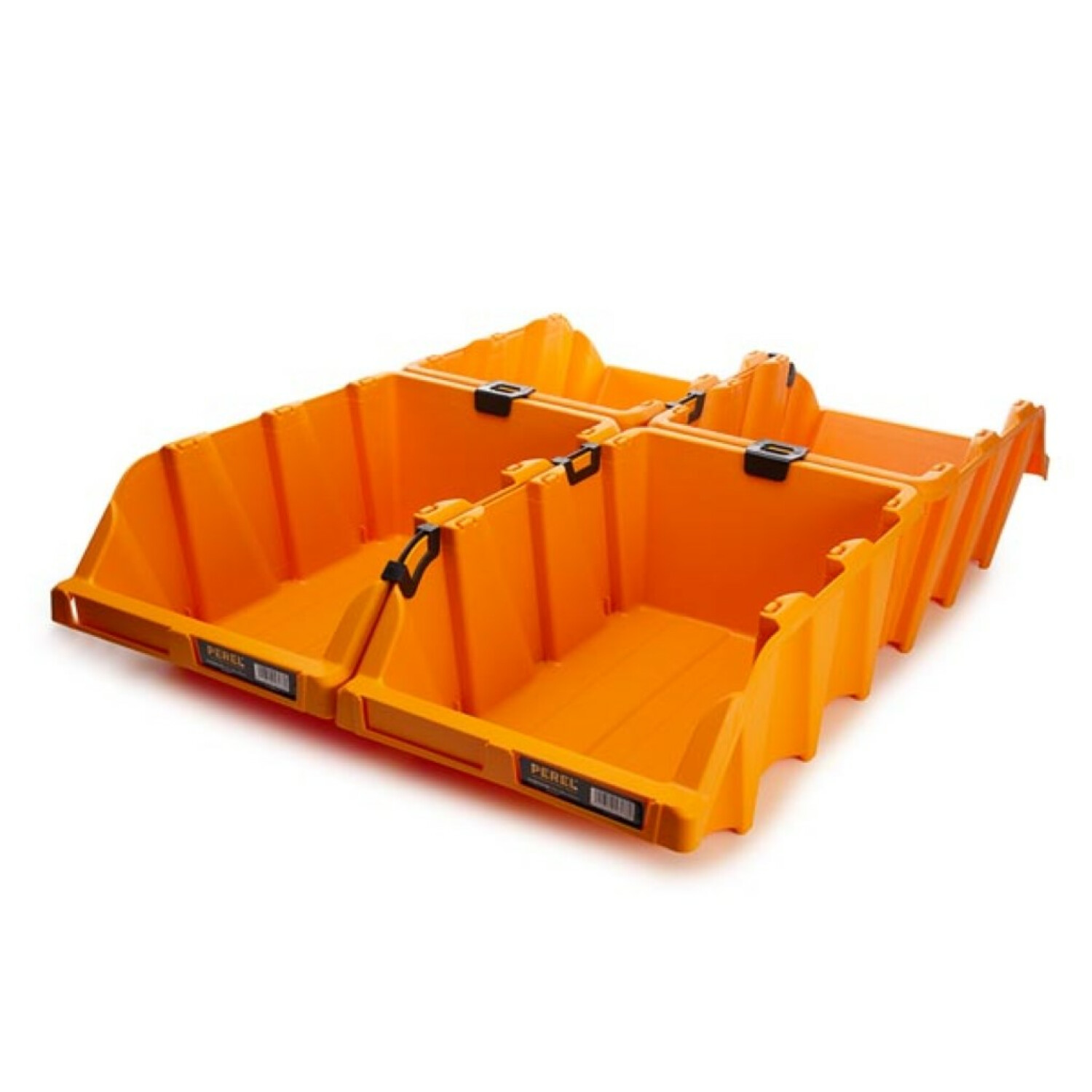 Vier orangefarbene Lagerbehälter mit Clips auf weißem Hintergrund.