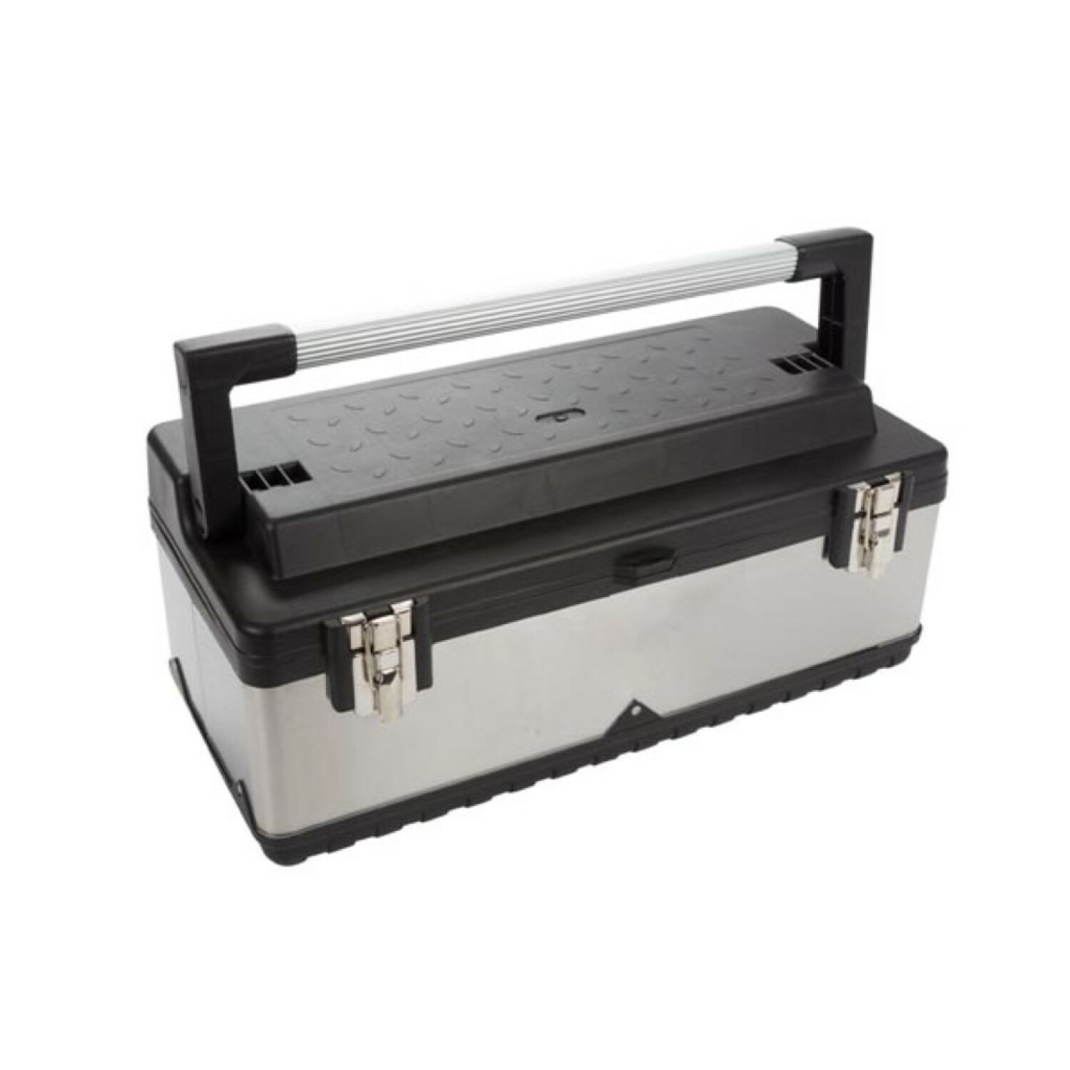 Cassetta degli attrezzi in metallo argento e nero con manico.