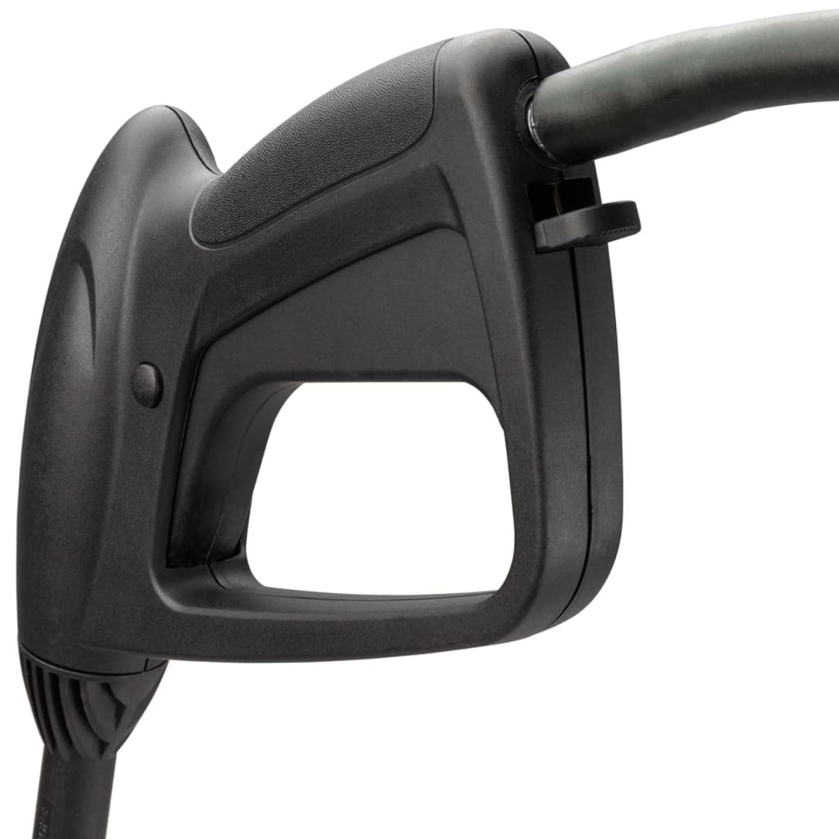 Czarny uchwyt myjki ciśnieniowej z przyłączem węża i spustem.