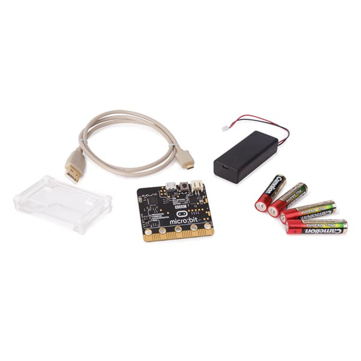 Micro:bit Platine, USB-Kabel, Batteriehalter, Schutzhülle und Batterien.