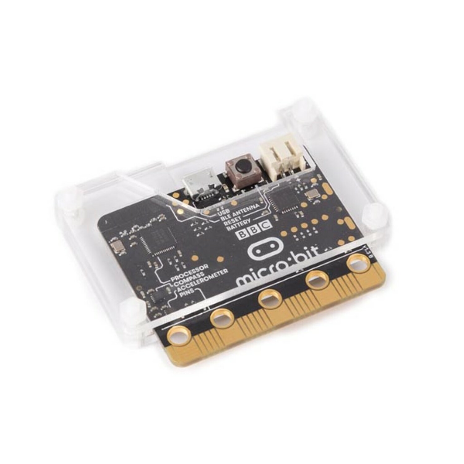 Ein Micro:bit-Board in einem durchsichtigen Gehäuse, mit Lötanschlüssen und Beschriftungen.