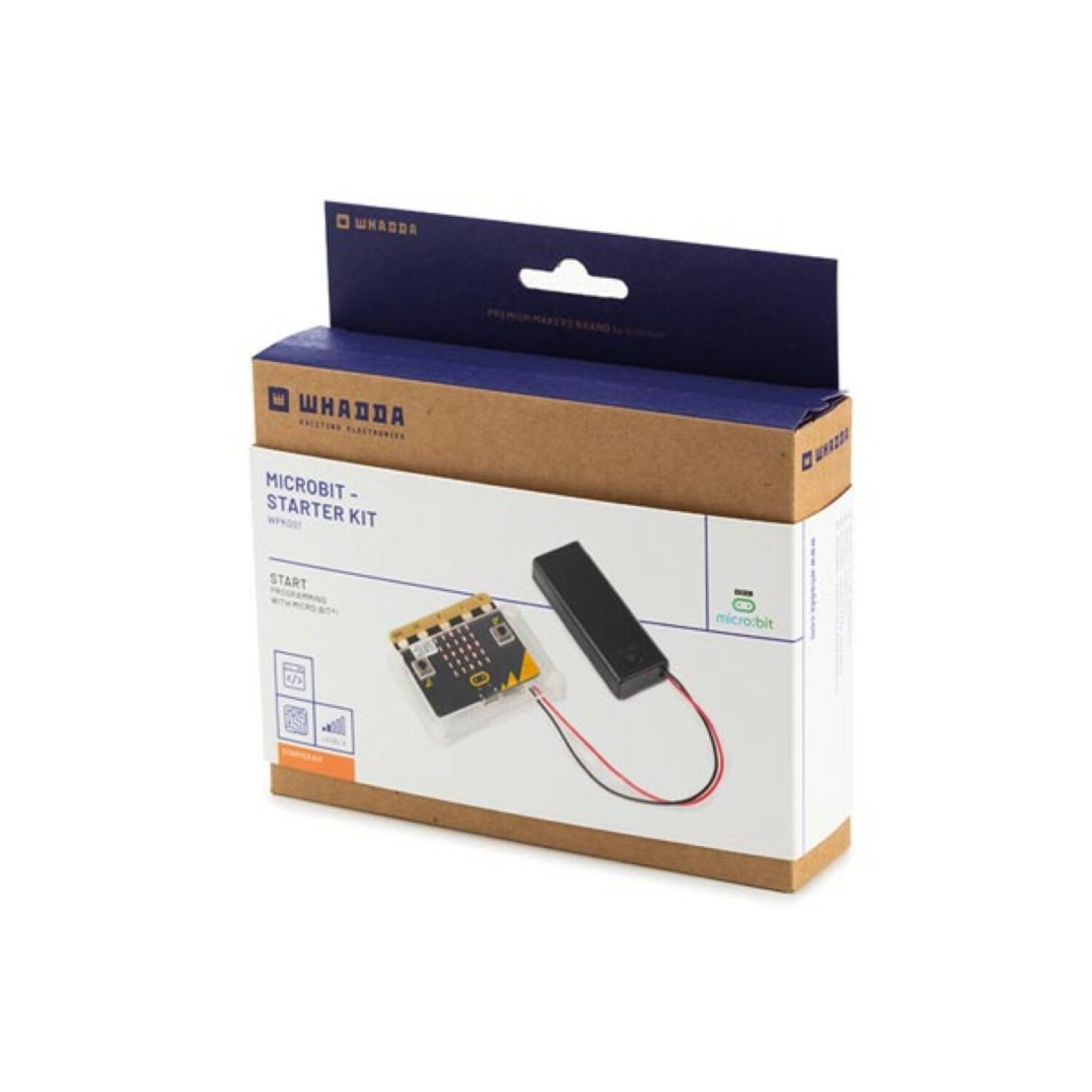 Verpackung eines Micro:bit Starter Kits mit Platine und schwarzem Akku.