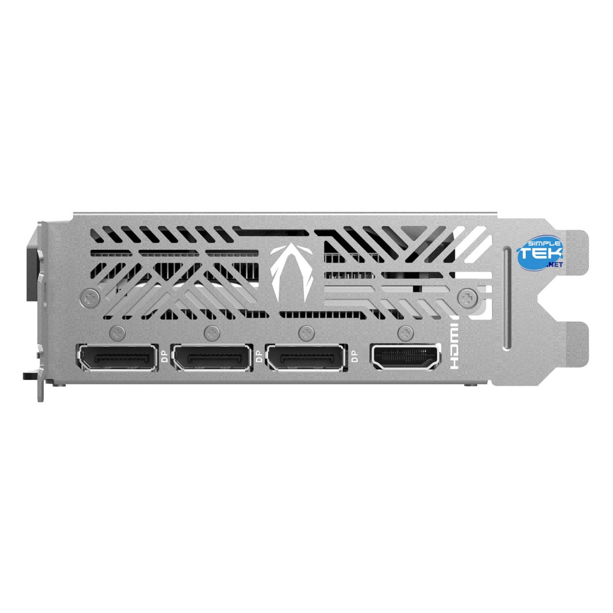 Srebrna karta graficzna z trzema portami DisplayPort i jednym HDMI.