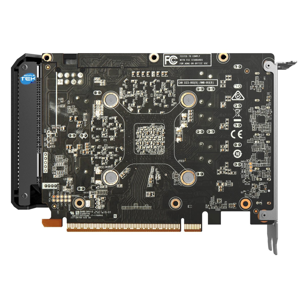 Tył karty graficznej komputera z wieloma chipami i złączami.