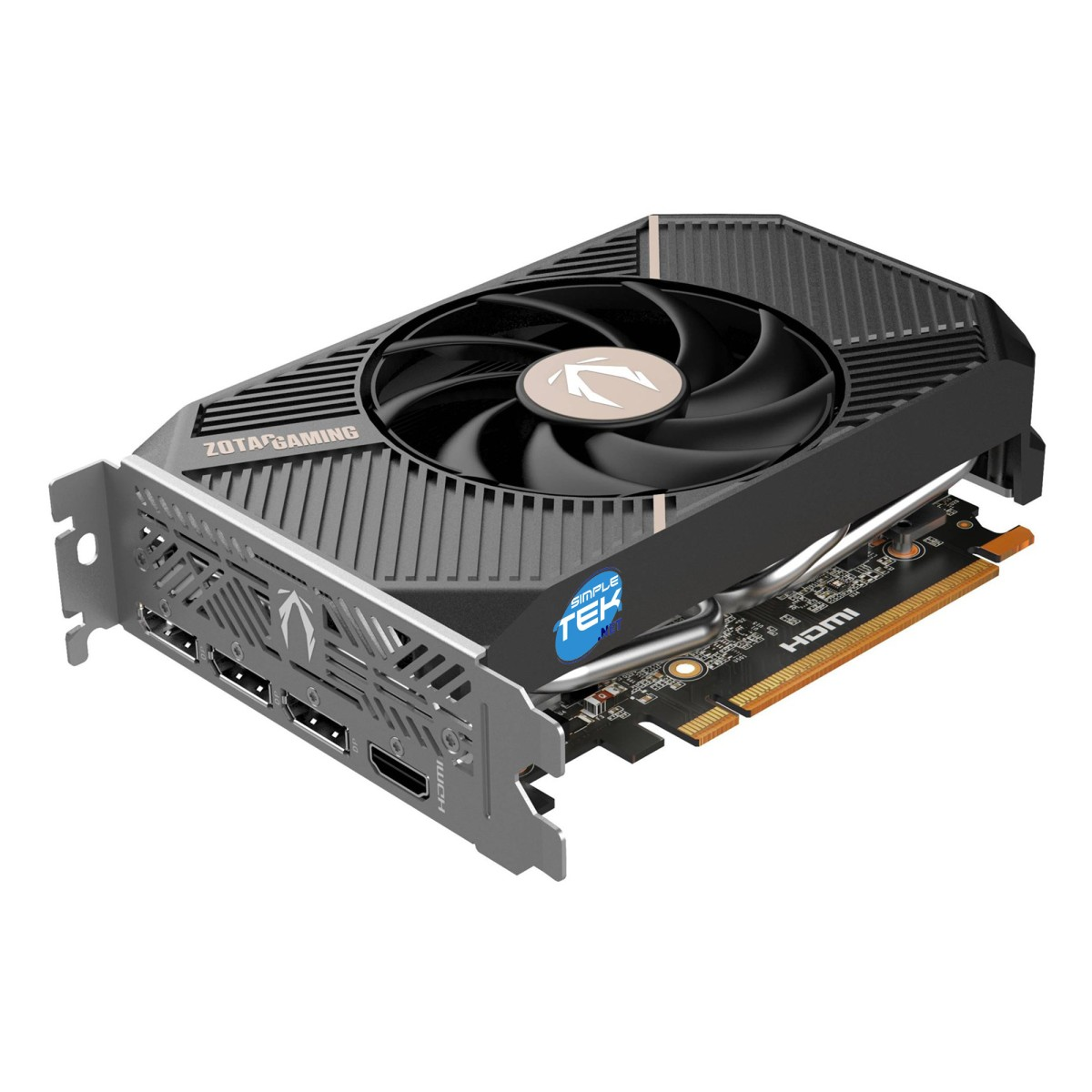 Czarna karta graficzna do gier ze srebrnym wentylatorem i portami HDMI.