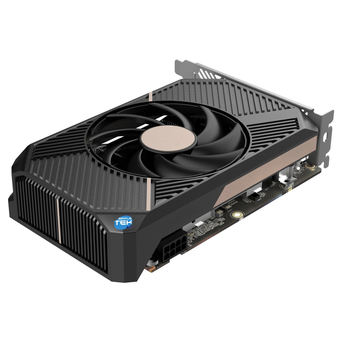 Karta graficzna z wentylatorem, czarną obudową i srebrnym złączem.