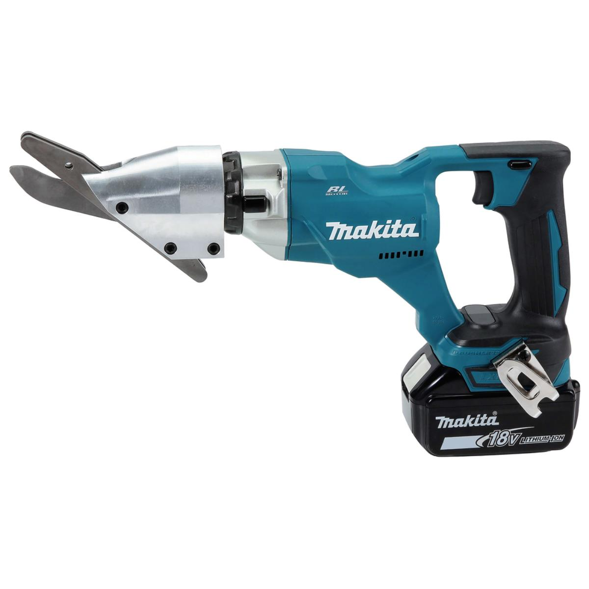Una cesoia per lamiera Makita a batteria in turchese e nero.
