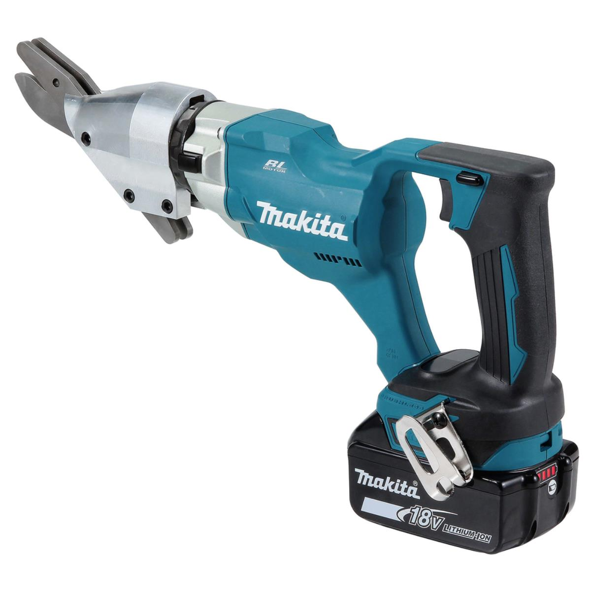 Forbici per lamiera cordless Makita turchese e nere con testa di taglio argentata.