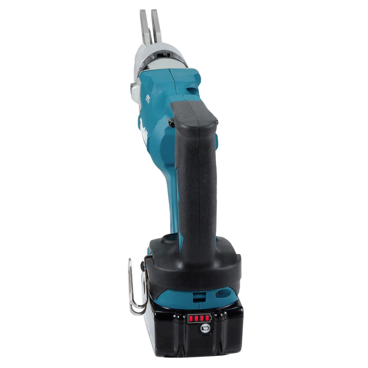 Cesoie elettriche blu con manico nero e indicatore batteria.
