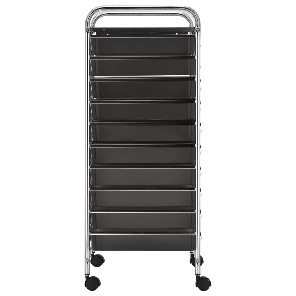 Ein schmaler, rollbarer Wagen mit zehn schwarzen Schubladen und Chromrahmen.