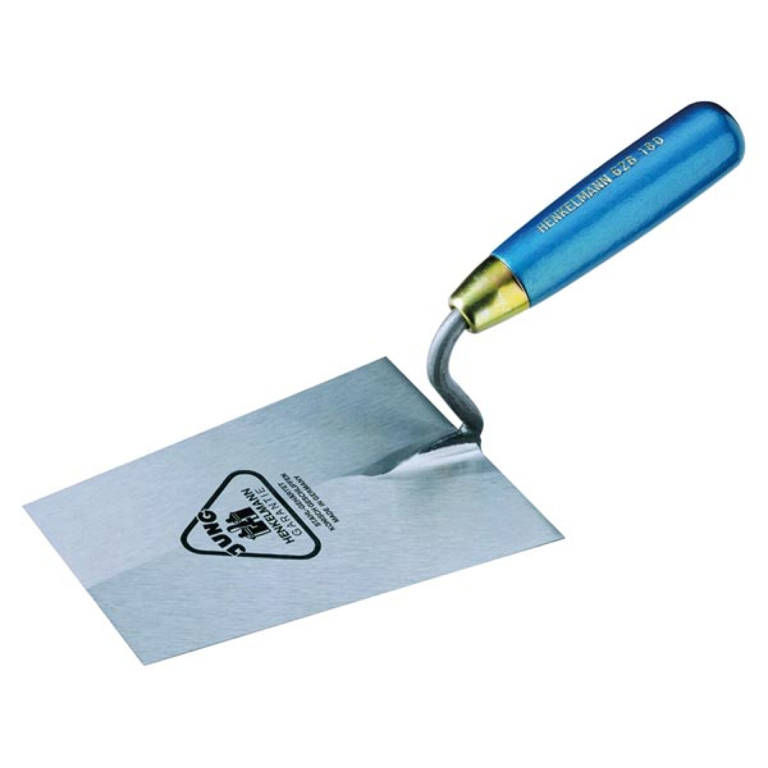 Una cazzuola con manico blu e lama in metallo con logo.