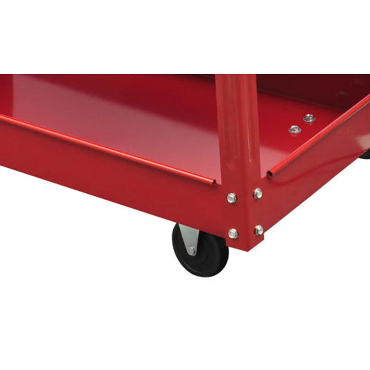 Ein roter Werkzeugwagen mit zwei Ebenen und schwarzen Rädern.