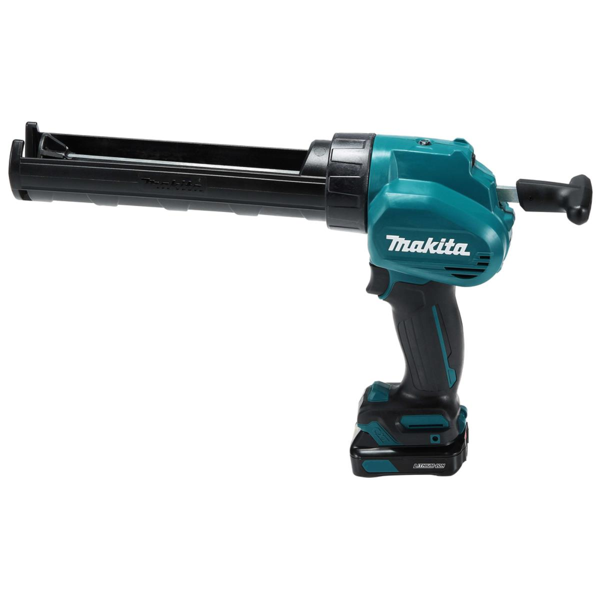 Ein tealfarbener Akku-Kartuschenspender von Makita mit schwarzem Schlauch und Griff.