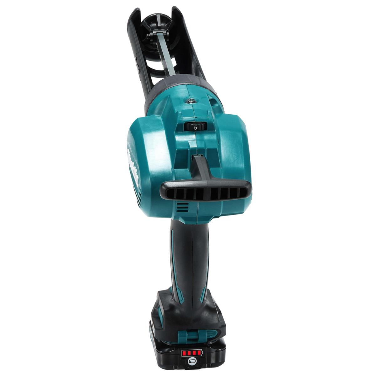 Eine teal- und schwarzfarbene Kartuschenpistole mit Akku und Einstellknopf.