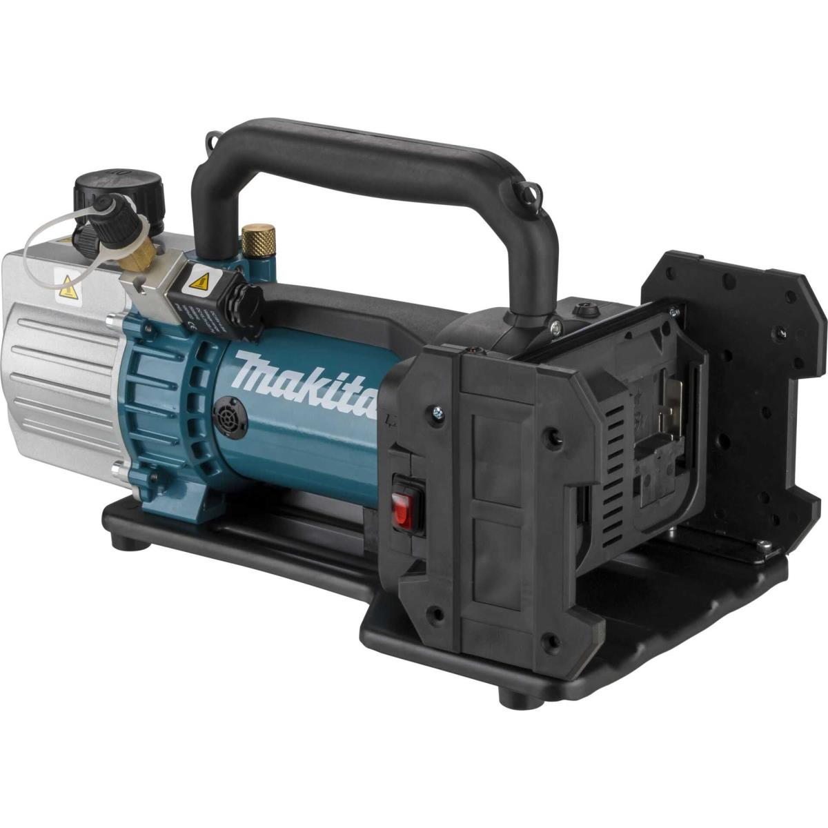 Una unidad de bomba de vacío Makita con cuerpo plateado, sección media azul y asa negra.