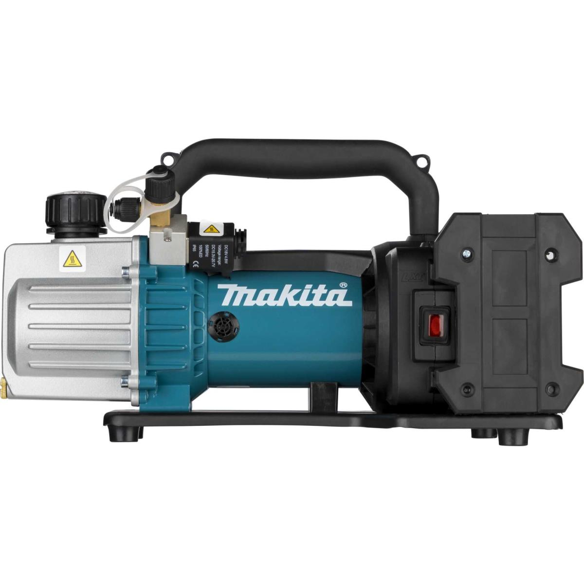 Una bomba de vacío Makita azul verdoso y plateada con asa negra.