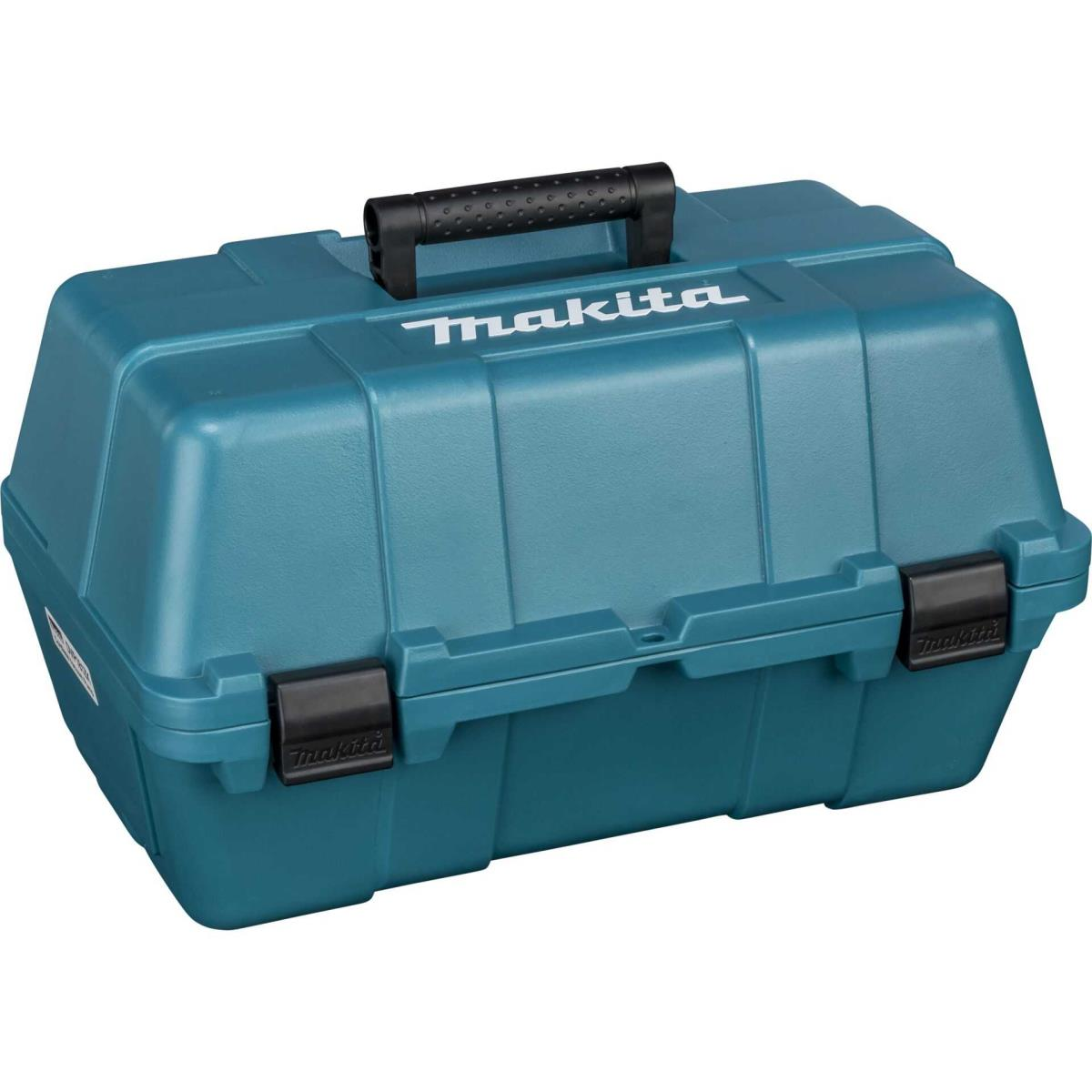 Una caja de herramientas Makita turquesa con asa y cierres negros.